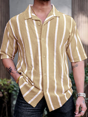 Popcorn Knit Vertical Stripe Beige Half Sleeve Shirt