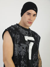 Grunge Print Black Sleeveless T-Shirt