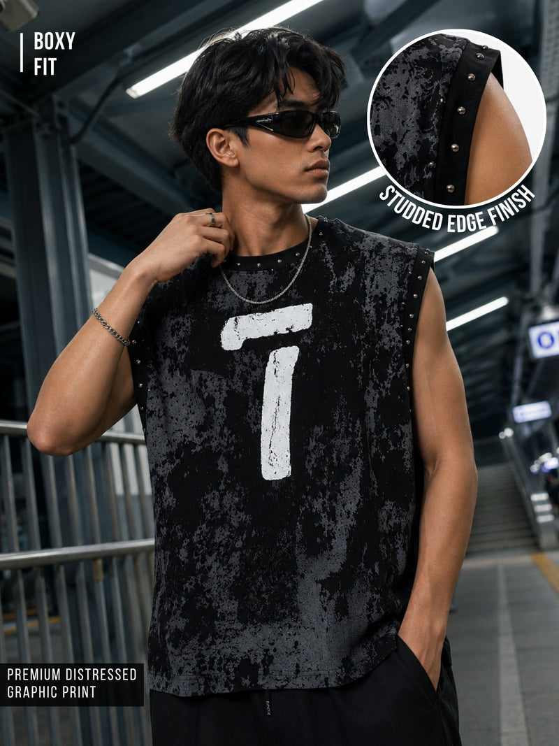 Grunge Print Black Sleeveless T-Shirt