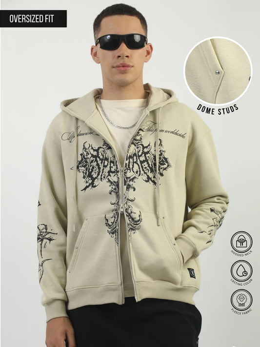 Dual Zip Graphic Print Biscuit Oversized Fit Hoodie Sweatshirt