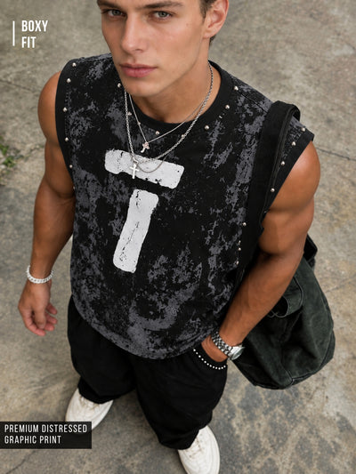 Grunge Print Black Sleeveless T-Shirt