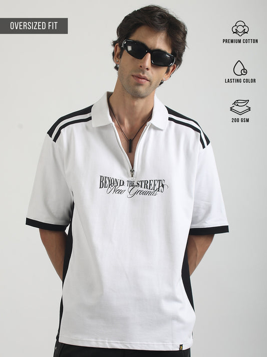 Printed White, Black Half Sleeve Polo T-Shirt