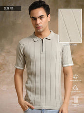 Drop Needle Beige Flatknit Half Sleeve Polo T-Shirt