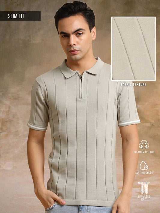 Drop Needle Beige Flatknit Half Sleeve Polo T-Shirt