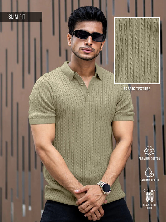 Ribbed Knit Light Green Polo Half Sleeve T-Shirt