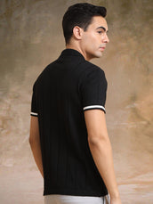 Black half sleeve drop needle flatknit polo t-shirt for men - view 5