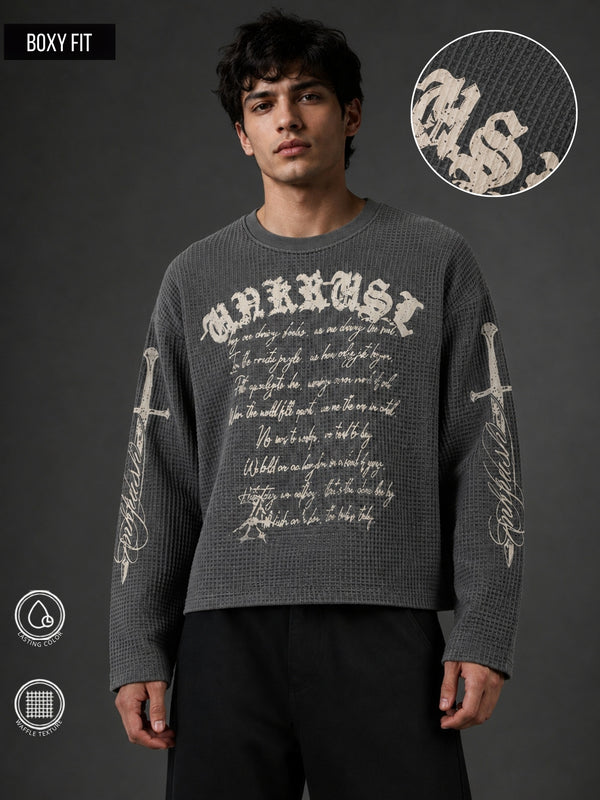 Wordings Grey Waffle Full Sleeve T-Shirt