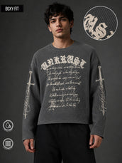 Wordings Grey Waffle Full Sleeve T-Shirt