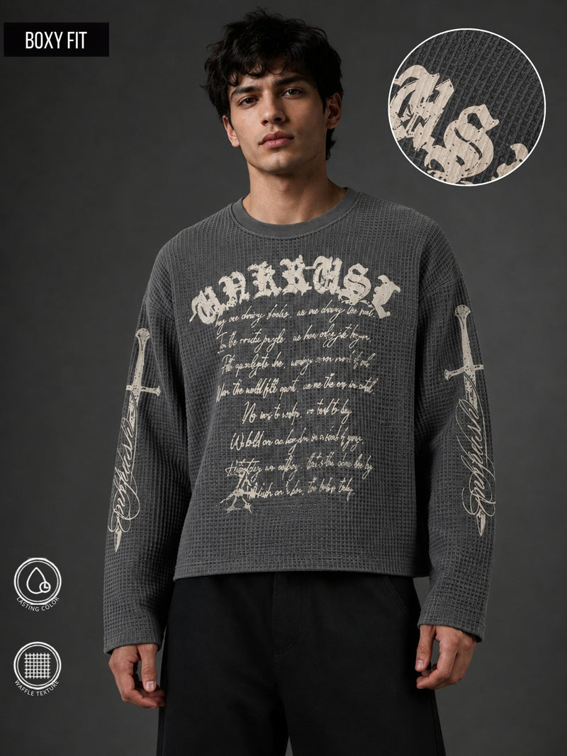 Wordings Grey Waffle Full Sleeve T-Shirt
