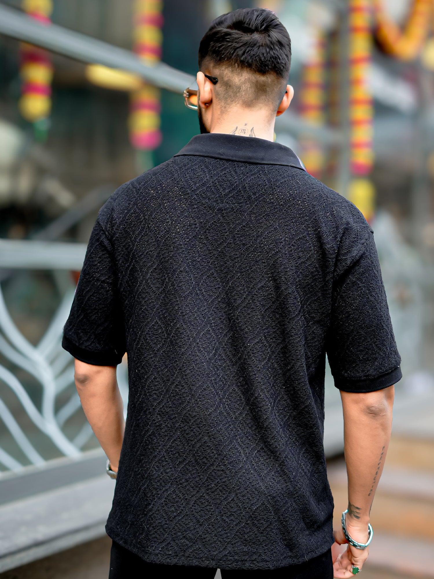 Croshia Knit Black Polo T-Shirt