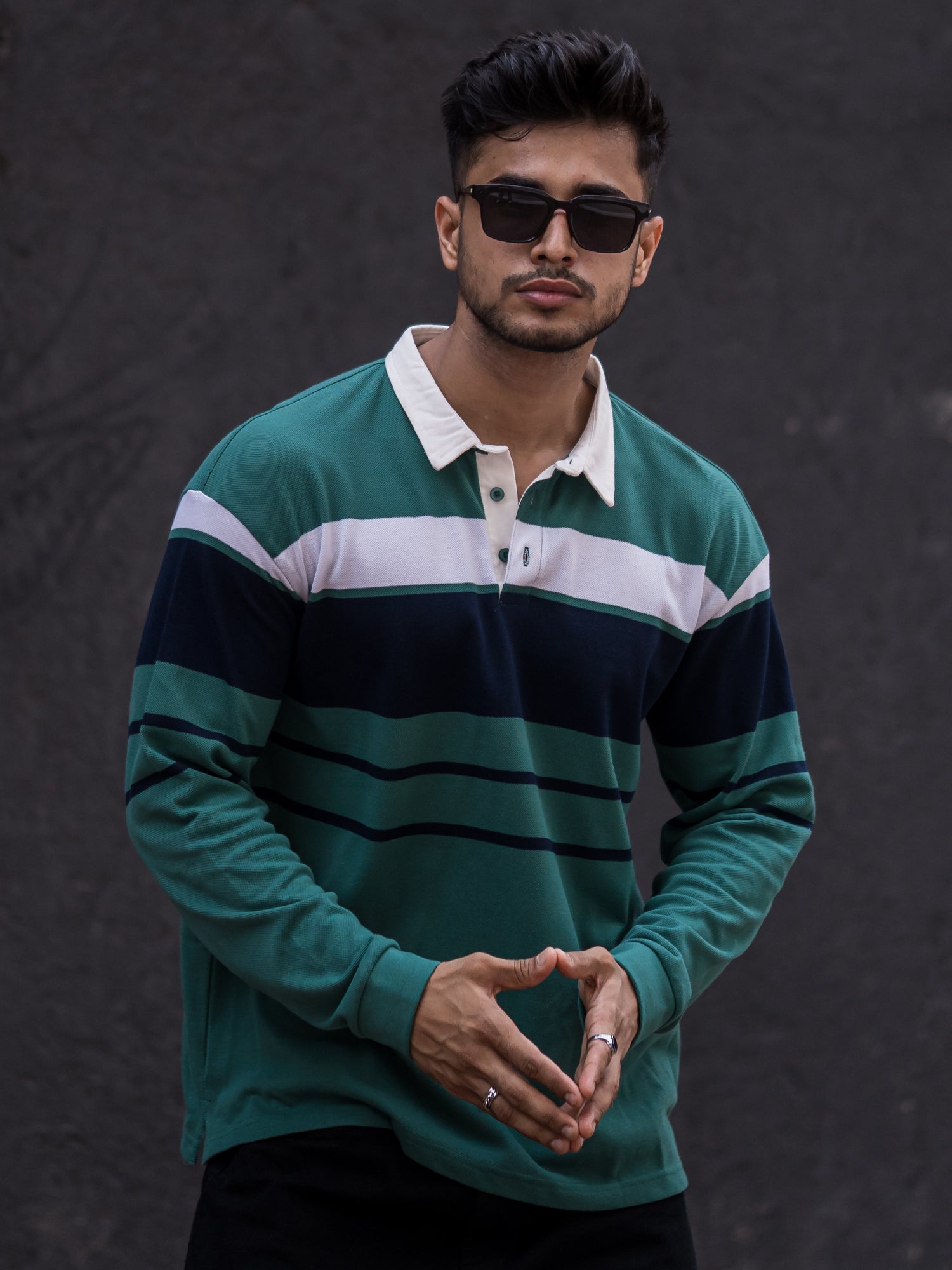 Auto Striped Green Navy Polo T-Shirt