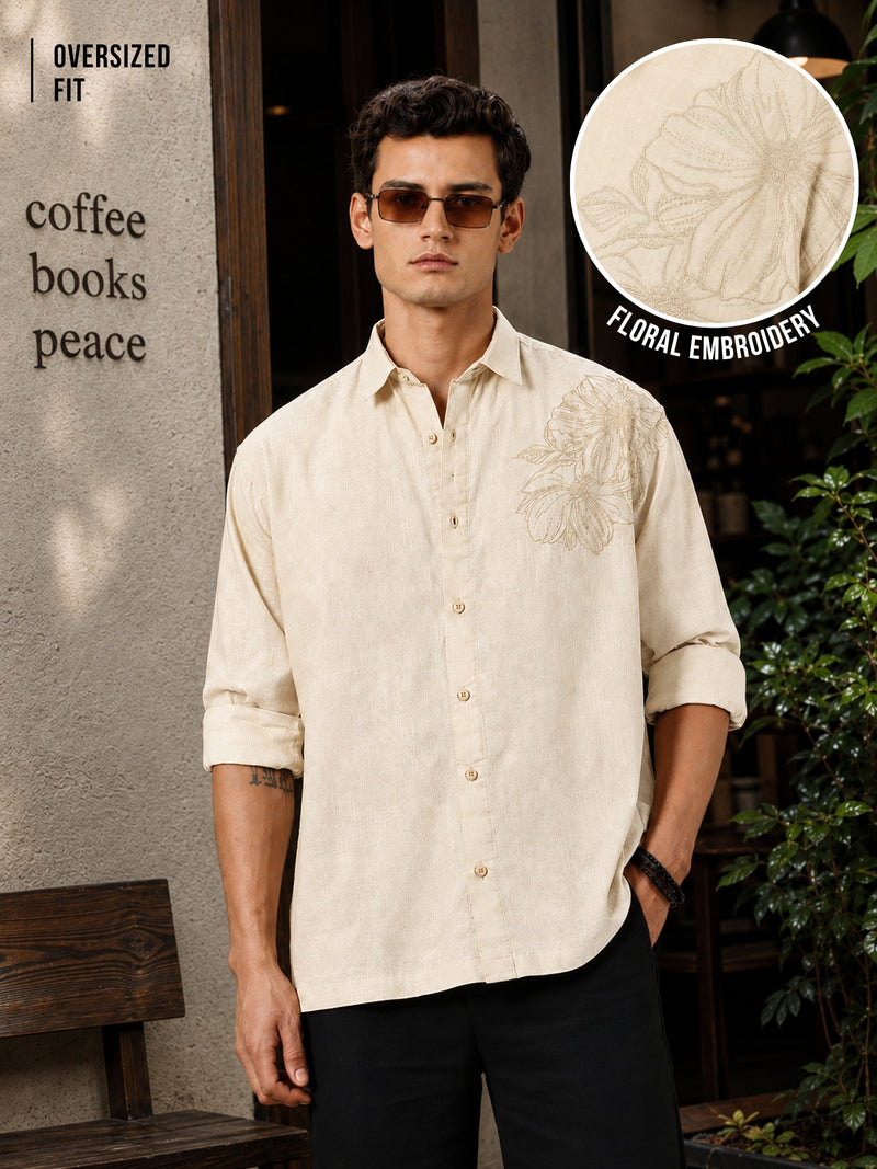 LeafLine Embroidery Beige Shirt