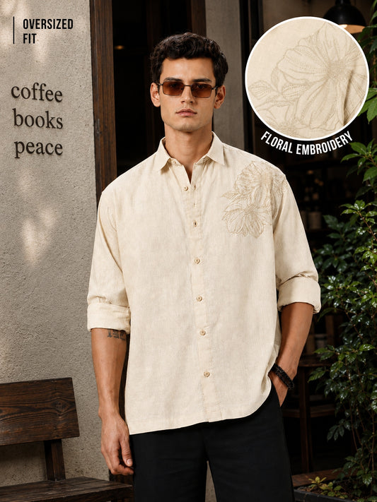 LeafLine Embroidery Beige Shirt