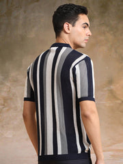 Aero Vertical Stripe Navy Half Sleeve Shirt