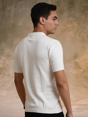 Ribbed Knit White Polo Half Sleeve T-Shirt