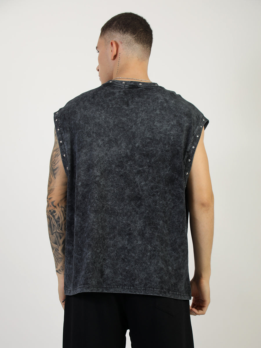 Washed Stud Black Sleeveless T-Shirt