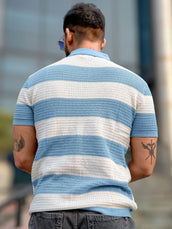 Blue half sleeve textured polo t-shirt for men - view 5
