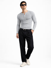 Light Grey Ribbed Henley Neck Full Sleeve T-Shirt