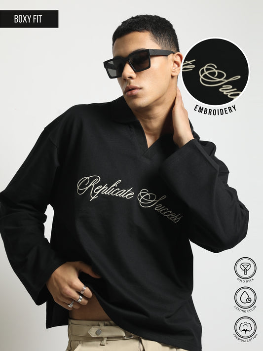 Replicate Black Full Sleeve Polo T-Shirt
