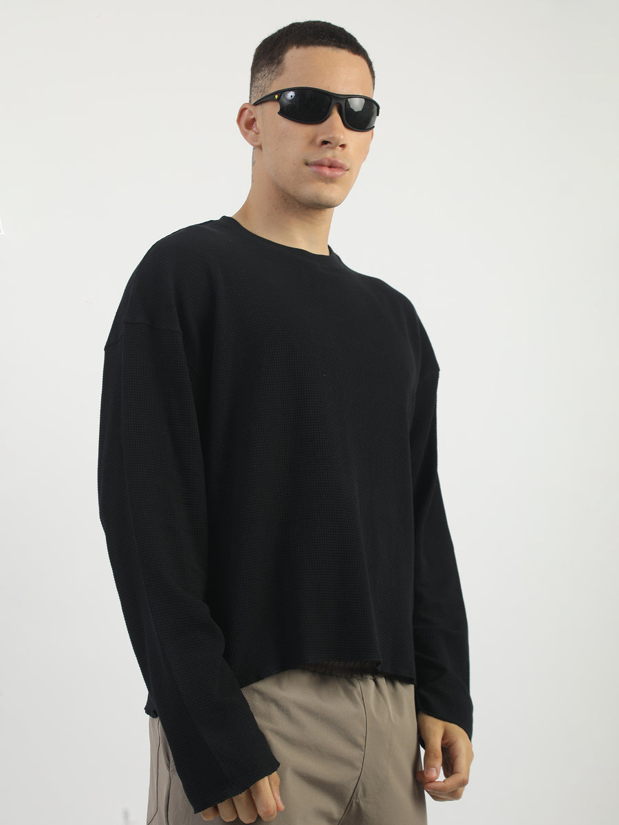 Black Raw Edges Full Sleeve Waffle T-Shirt