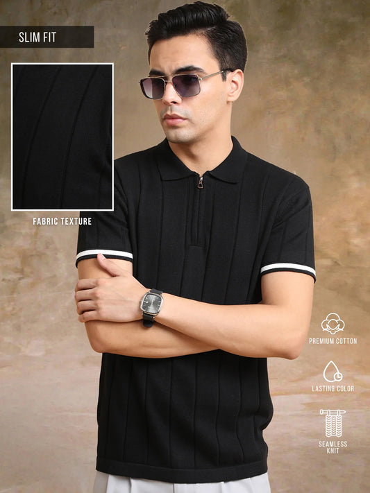 Drop Needle Black Flatknit Half Sleeve Polo T-Shirt