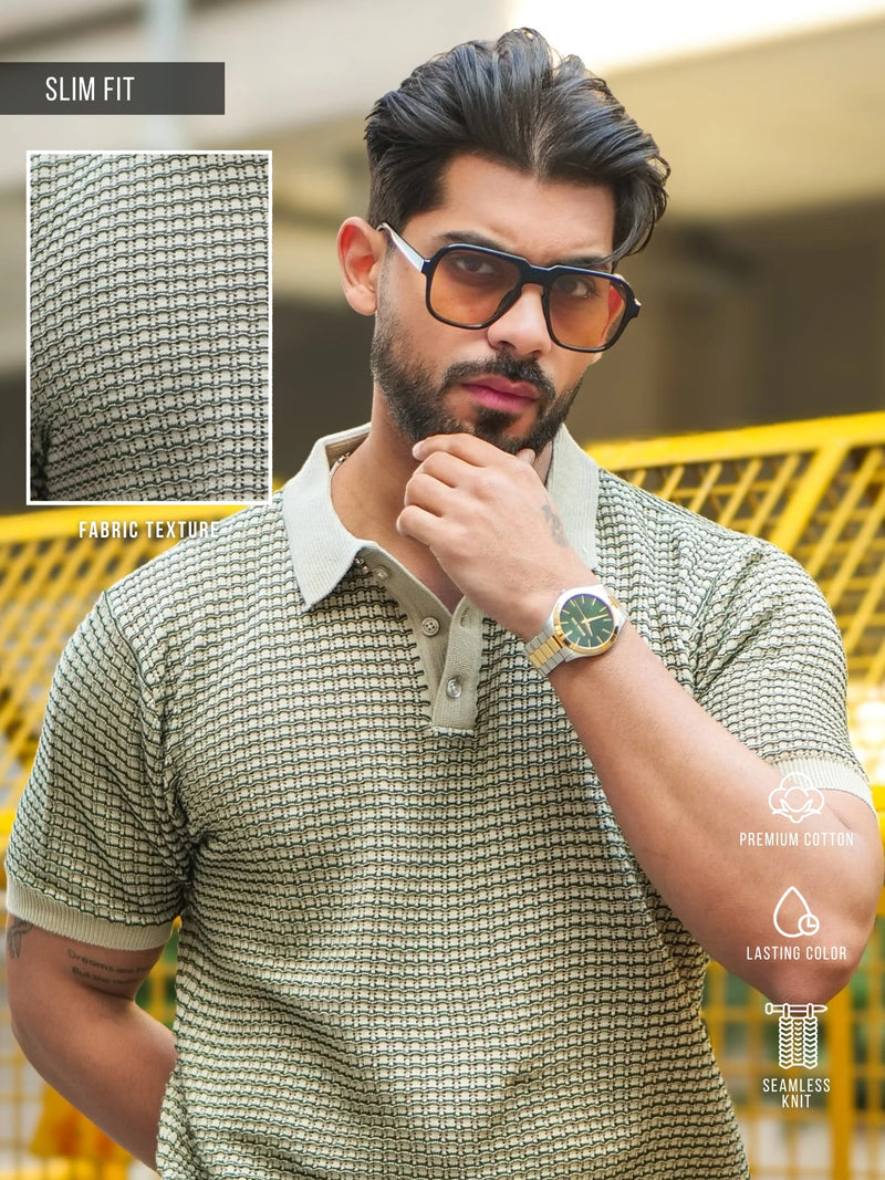 Gridlocked Flatknit Green Half Sleeve T-Shirt