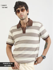 Brown Crochet Flatknit Cotton Half Sleeve Polo T-Shirt