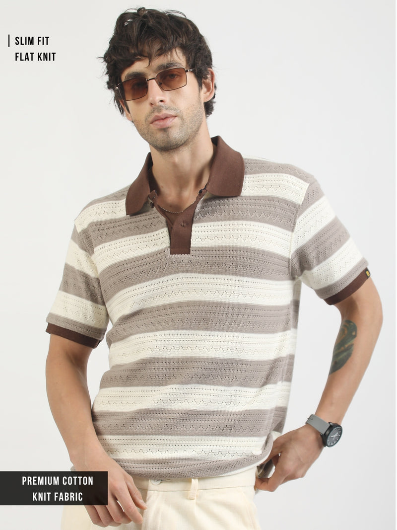 Brown Crochet Flatknit Cotton Half Sleeve Polo T-Shirt