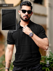 Black Pointelle Half Sleeve Polo T-Shirt