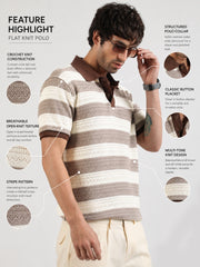 Brown Crochet Flatknit Cotton Half Sleeve Polo T-Shirt