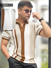 Stripe FlatKnit Beige Half Sleeve Polo T-Shirt