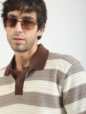 Brown Crochet Flatknit Cotton Half Sleeve Polo T-Shirt