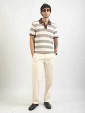 Brown Crochet Flatknit Cotton Half Sleeve Polo T-Shirt