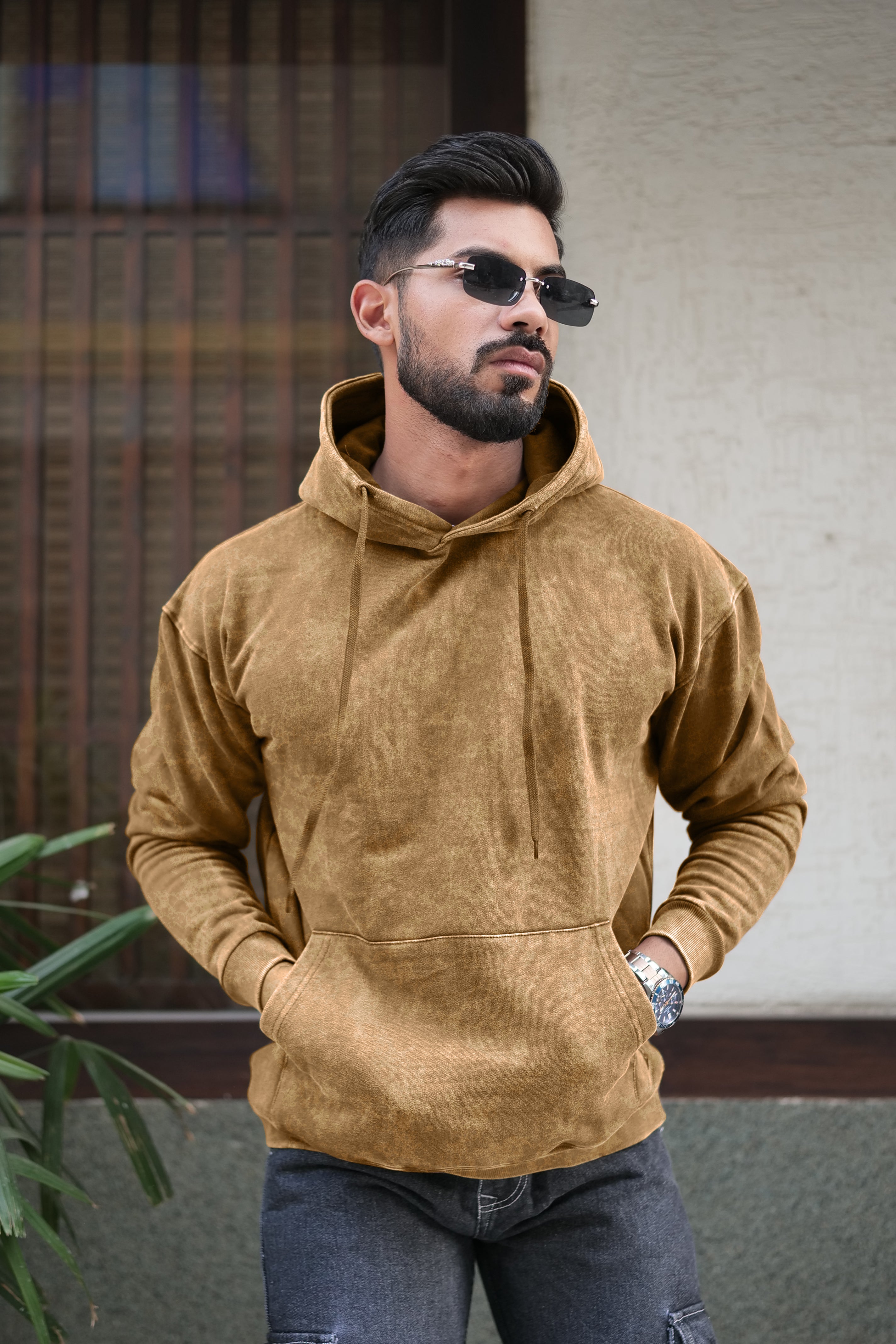 Rugged Acid Wash Brown Hooded Sweatshirt