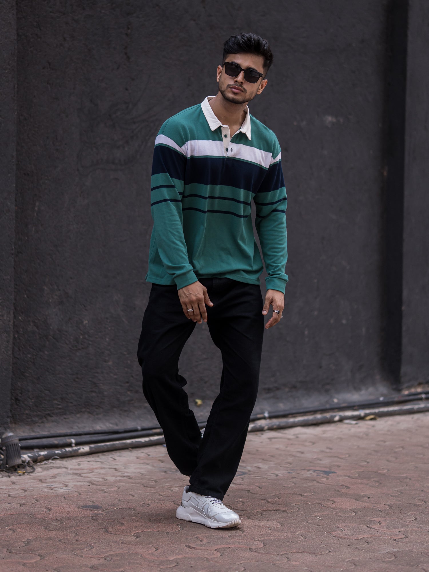 Auto Striped Green Navy Polo T-Shirt