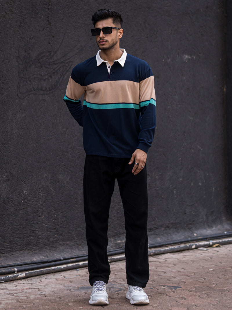 Auto Striped Navy Beige Polo T-Shirt