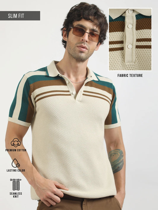 Cream Espresso Panel Flat-Knit Half Sleeve Polo T-Shirt