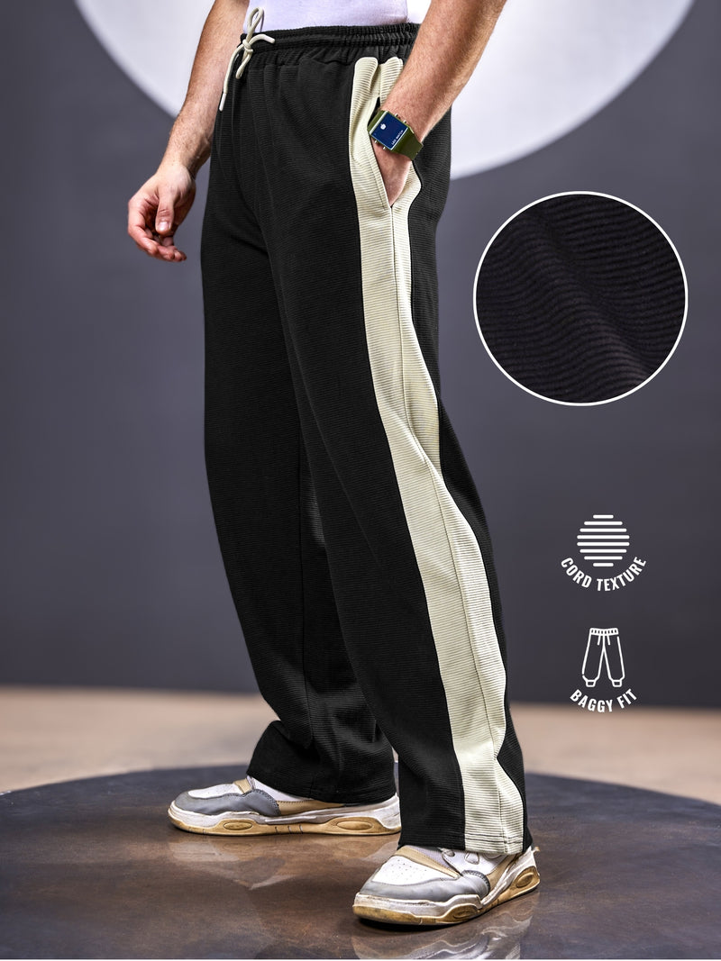 Black cordpanel track pants for men