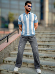 Blue Textured Half Sleeve Polo T-Shirt