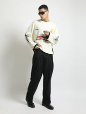 Newslur Cream, Red Waflle Full Sleeve Boxy T-Shirt