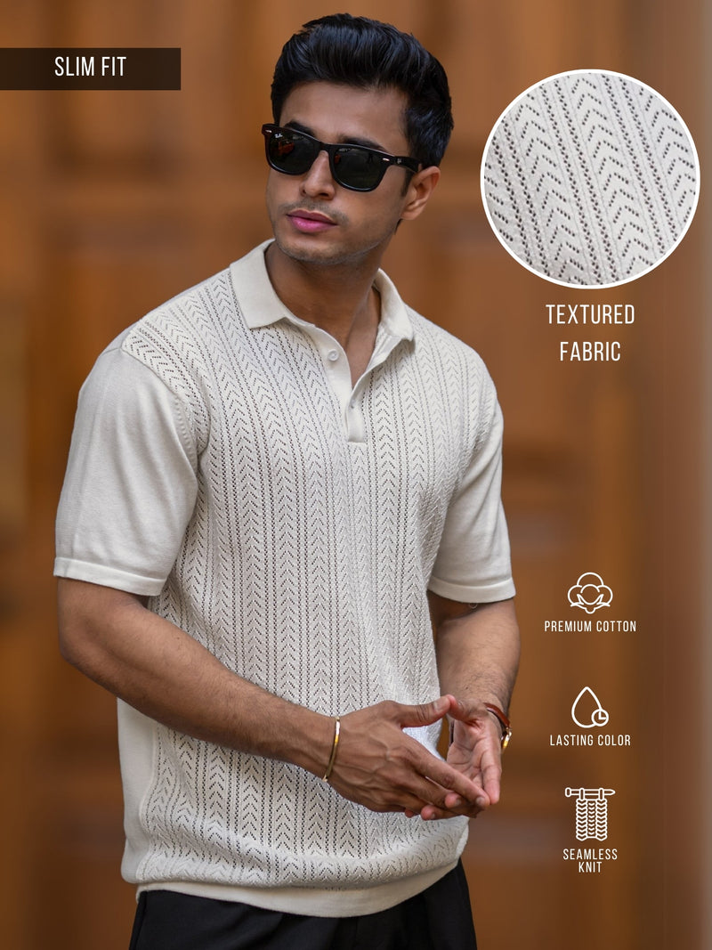 Arrow Knit Off White Half Sleeve Polo T-Shirt