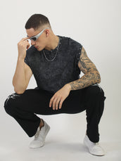 Washed Stud Black Sleeveless T-Shirt