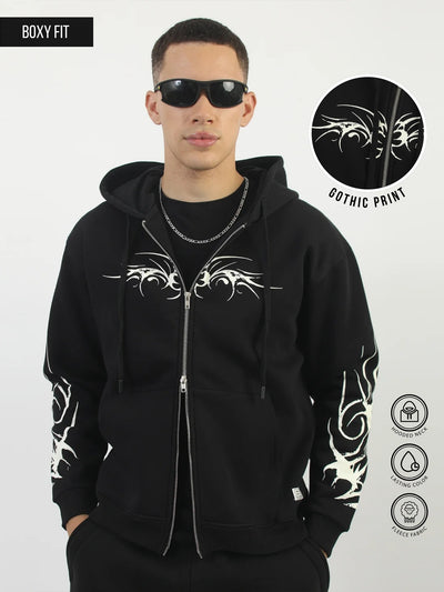 Tribal Graphic Print Black Oversized Fit Hoodie Sweatshirt