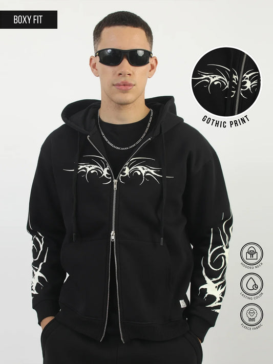 Dual Zip Tribal Graphic Print Black Oversized Fit Hoodie Sweatshirt
