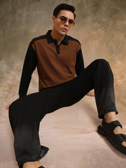 Colorblock Brown Full Sleeve Polo T-Shirt