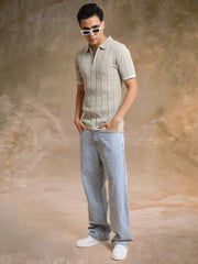 Drop Needle Beige Flatknit Half Sleeve Polo T-Shirt