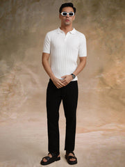 Ribbed Knit White Polo Half Sleeve T-Shirt