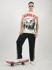 Nonsense Print Cream, Black Sleeveless T-Shirt