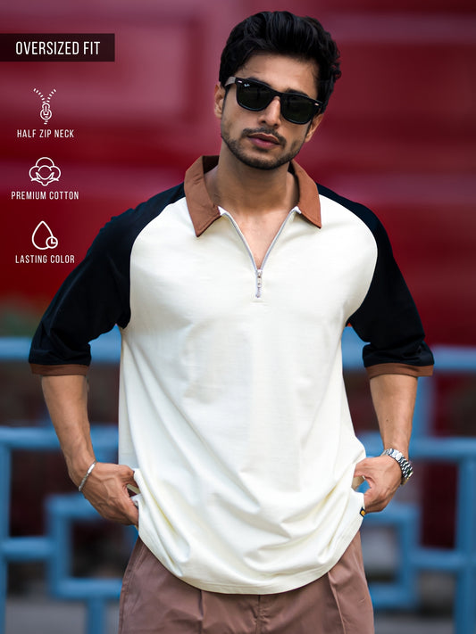 Color Block Cream, Black Half Sleeve Polo T-Shirt