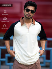 Color Block Cream, Black Half Sleeve Polo T-Shirt